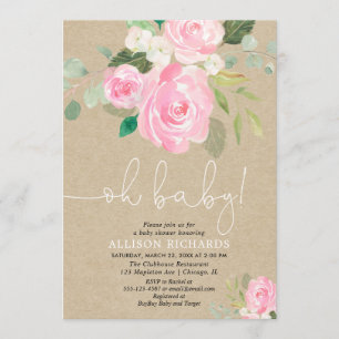 Invitation Oh bébé rustique rousse fille baby shower floral