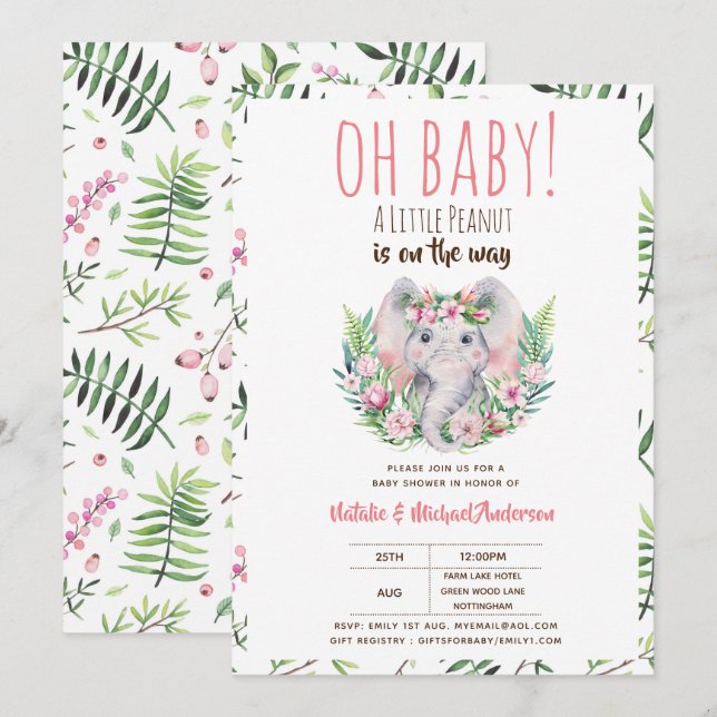 Invitation Oh Bébé Un Petit Baby shower Eléphant Boho Arachid (Devant / Derrière)