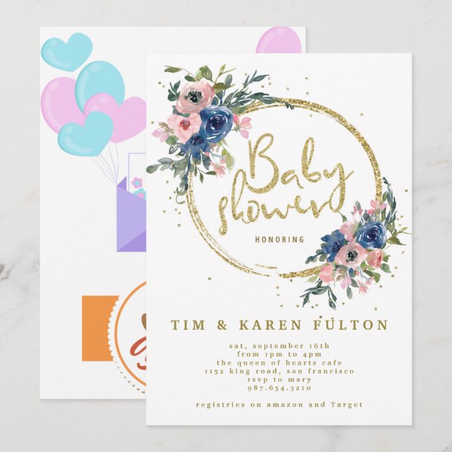 Invitation Oh bébé verdure rose or rose baby shower fille fle (Devant / Derrière)