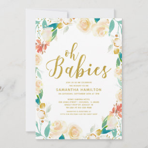 Invitation Oh Bébés Fleurs de Pêche Paillettes Jumeaux Baby S