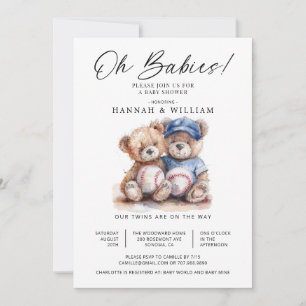 Invitation Oh Bébés Jumeaux Oursons Aquarelle Fête de Naissan