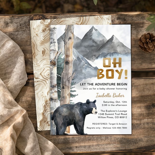 Invitation Oh Boy Adventure Begin | Baby shower Ours & Birch (Woodland Baby Shower Invite)