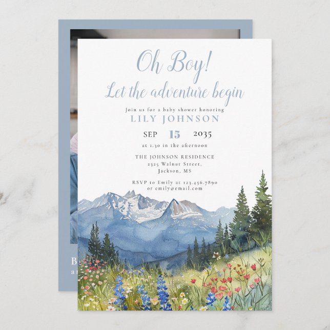 Invitation Oh Boy Adventure Begin Photo QR Code Baby Shower (Devant / Derrière)