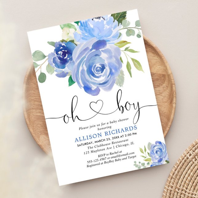 Invitation Oh Boy baby shower bleu aquarelles florales (Créateur téléchargé)