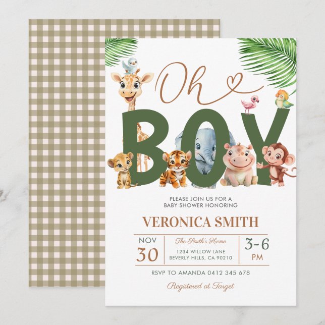 Invitation Oh Boy Baby Shower Forest Animals Greenery Floral (Devant / Derrière)