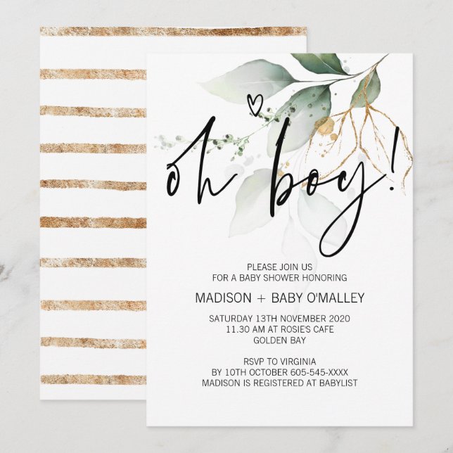 Invitation Oh Boy Baby shower Party Modern Eucalyptus (Devant / Derrière)