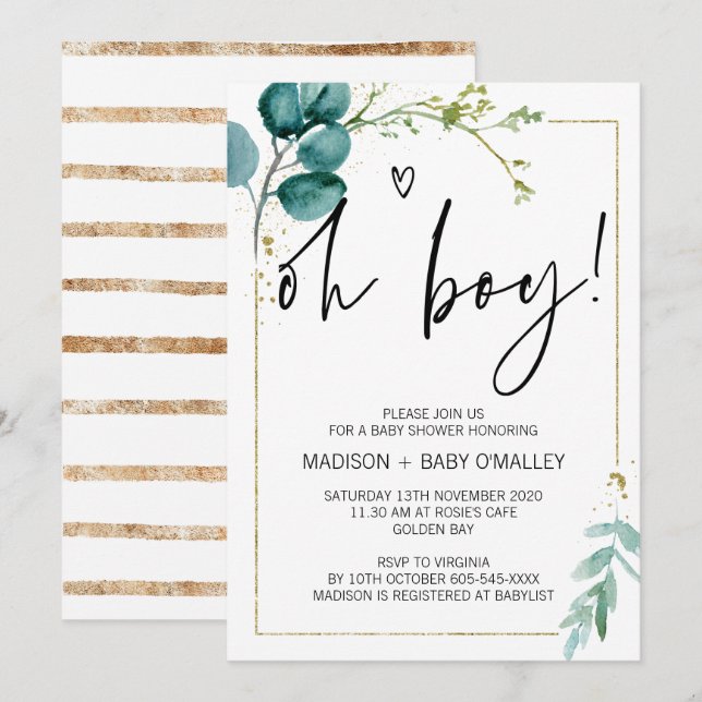 Invitation Oh Boy Baby shower Party Modern Gold Eucalyptus (Devant / Derrière)