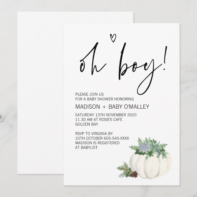 Invitation Oh Boy Baby shower Party Thanksgiving Fall (Devant / Derrière)