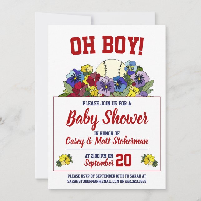 Invitation Oh Boy Baseball en Baby shower Fleurs (Devant)