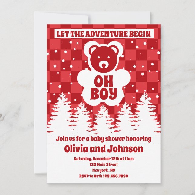 Invitation Oh Boy Bear Red Checkerboard Baby shower (Devant)