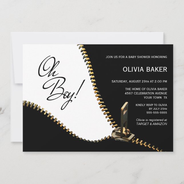 Invitation Oh Boy Black White avec Baby shower Gold Zipper (Devant)