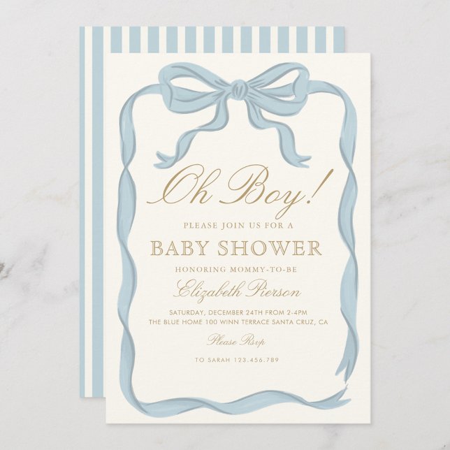 Invitation Oh boy Bleu Ruban Cute Baby shower élégant (Créateur téléchargé)
