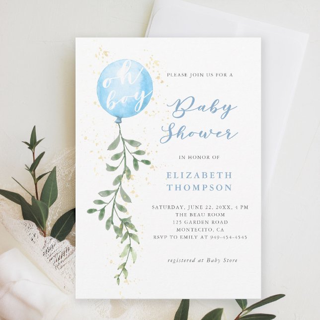 Invitation Oh Boy Blue Balloon Soft Greenery Baby shower garç (boy baby shower invitation blue balloon greenery watercolor modern calligraphy simple elegant)