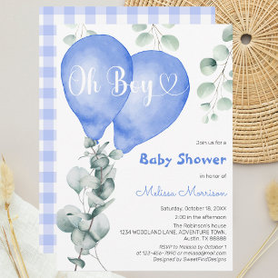 Invitation Oh Boy Blue Balloons Moderne Baby shower Eucalyptu