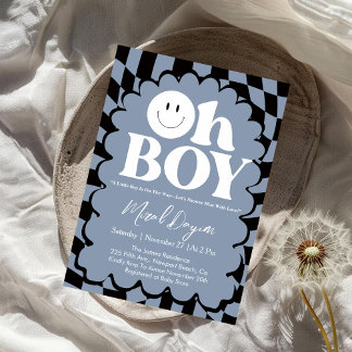 Invitation Oh Boy! Blue Checkered Happy Face Baby Shower