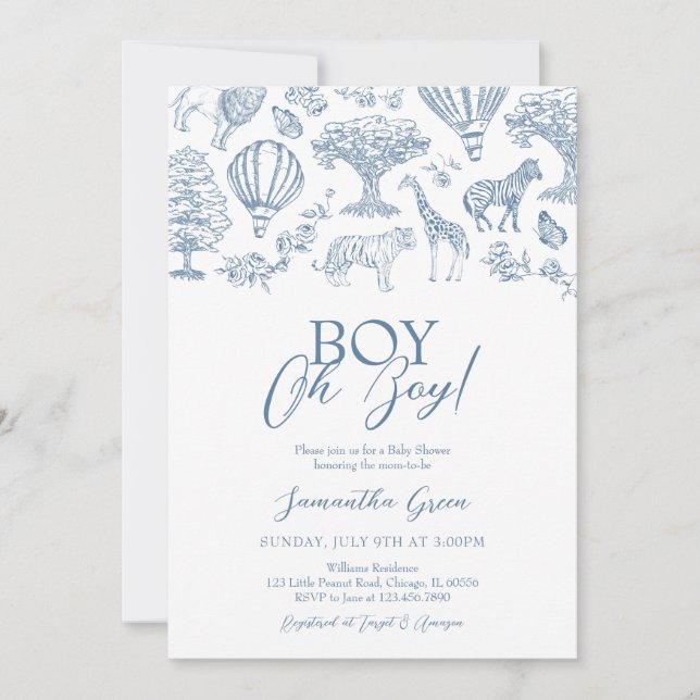 Invitation Oh Boy Blue Chinoiserie Baby shower Safari (Devant)