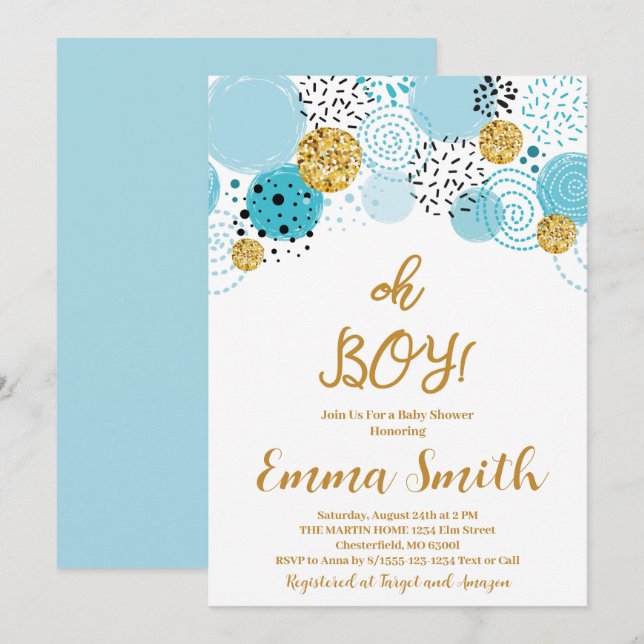 Invitation Oh Boy Blue Gold Parties scintillant Baby shower I (Devant / Derrière)
