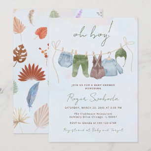 Invitation Oh Boy boho vêtements bébé aquarelle bleu