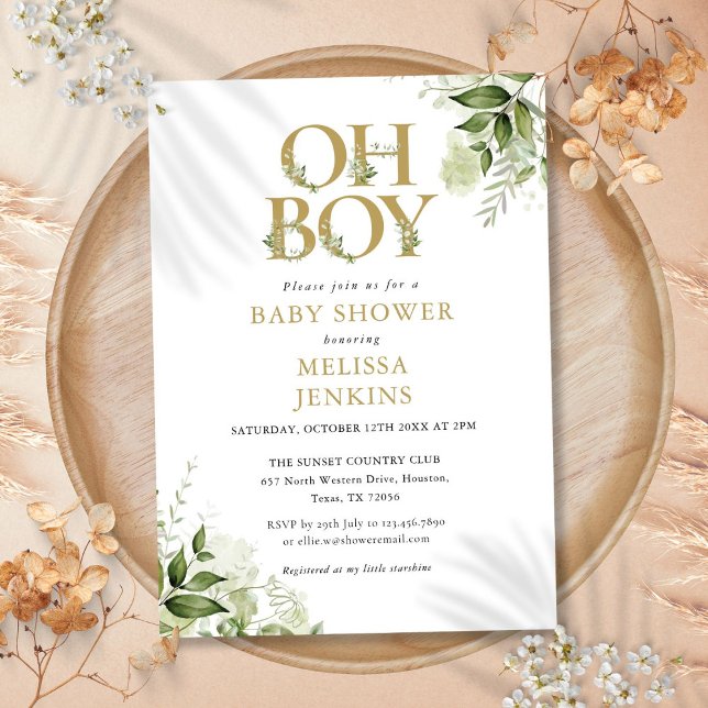 Invitation Oh Boy Botanical Greenery Baby shower Or (Oh Boy Botanical Greenery Gold Baby Shower Invitation)