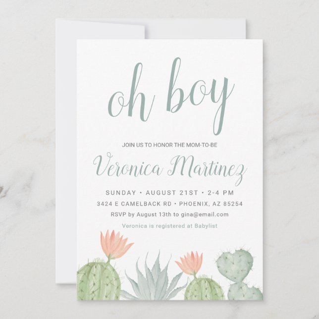 Invitation Oh Boy Cactus Baby shower Invitation, Desert Baby (Devant)