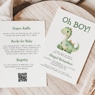 Invitation Oh Boy Cute Green Dinosaur QR Code Baby shower