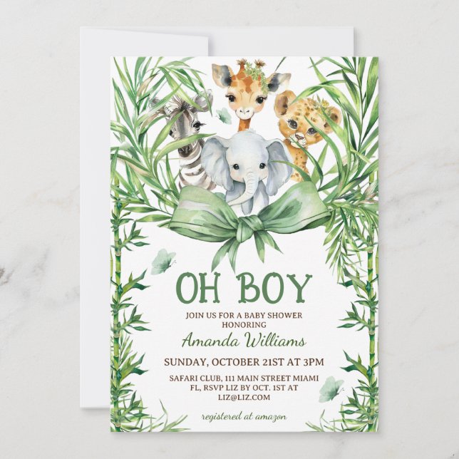 Invitation Oh Boy Cute Safari Animaux Baby shower (Devant)