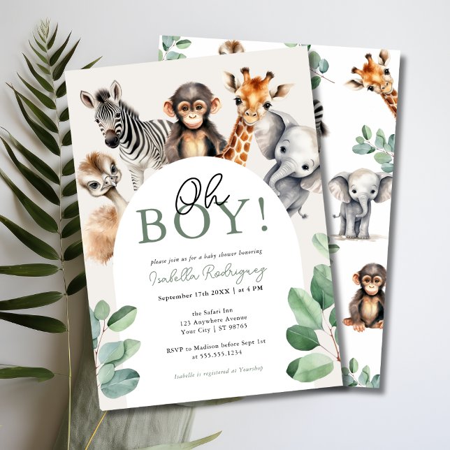 Invitation Oh Boy Cute Safari Animaux Baby shower verdoyant (Oh Boy, Jungle Safari Baby Shower Invitation)