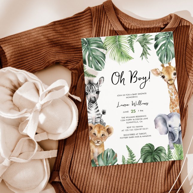 Invitation Oh Boy Cute Safari Animaux Baby shower verdoyant (Créateur téléchargé)