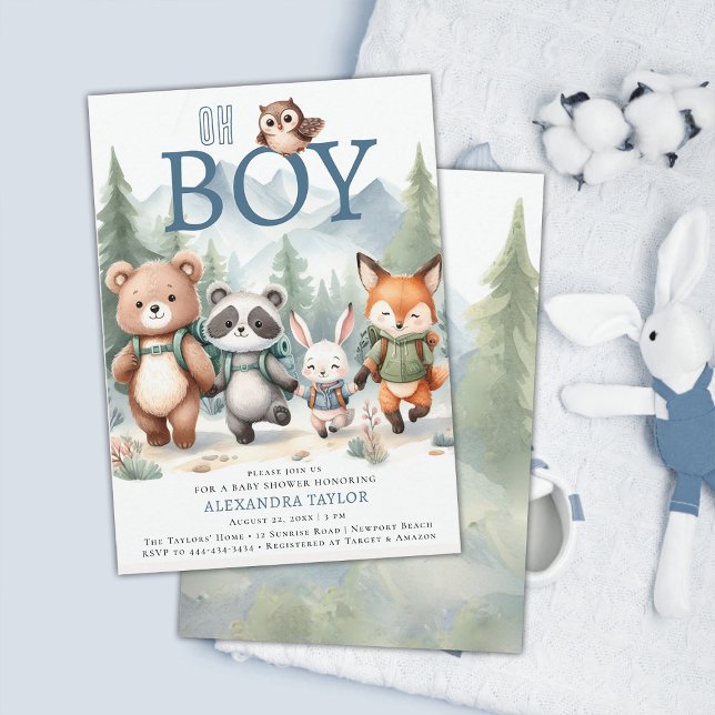 Invitation Oh Boy Cute Woodland Animal Randonnée Baby shower  (woodland baby shower invitation adventure mountain forest cute animals boy hiking watercolor)