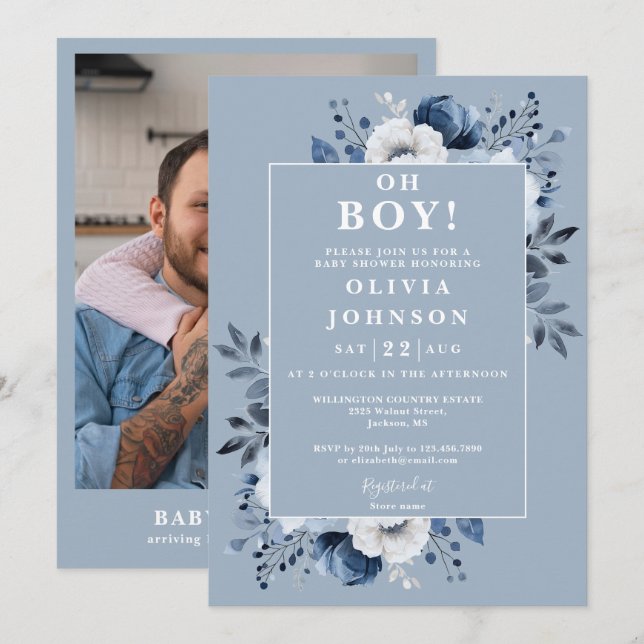 Invitation Oh Boy Dusty Blue Floral Baby shower photo (Devant / Derrière)