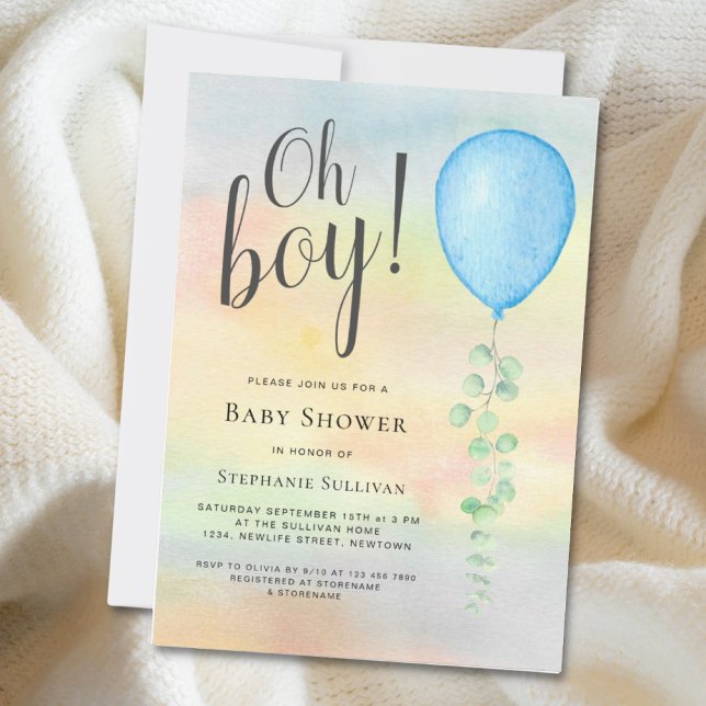Invitation Oh Boy Eucalyptus Blue Balloon Baby shower Invitat (Créateur téléchargé)