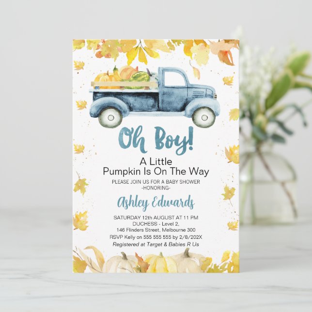 Invitation Oh Boy Foliage Little Citrouille Baby shower de ca (Debout devant)