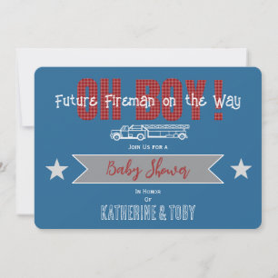 Invitation Oh Boy gingham et camion de pompiers vintage