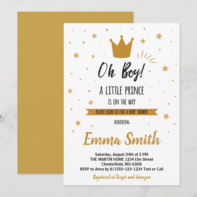 Invitation Oh Boy Gold Stars Golden Crow Baby shower (Devant / Derrière)