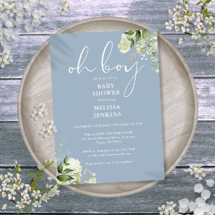 Invitation Oh Boy Greenery Dusty Baby shower bleu