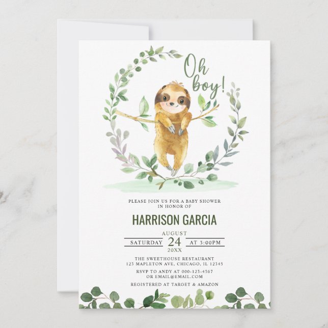 Invitation Oh Boy Greenery Floral Cute Baby shower Sloth (Devant)