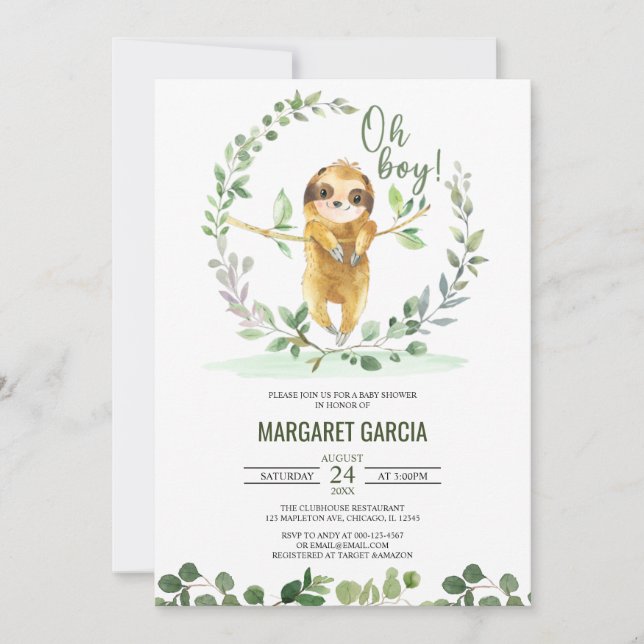 Invitation Oh Boy Greenery Floral Cute Baby shower Sloth (Devant)