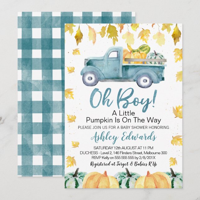 Invitation Oh Boy Little Citrouille Baby shower de camion (Devant / Derrière)
