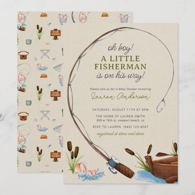 Invitation Oh Boy Little Fisherman Baby shower d'aquarelle (Devant / Derrière)