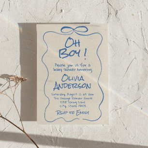 Invitation Oh Boy Main dessinée Écrit Baby shower Bleu Boy Bo