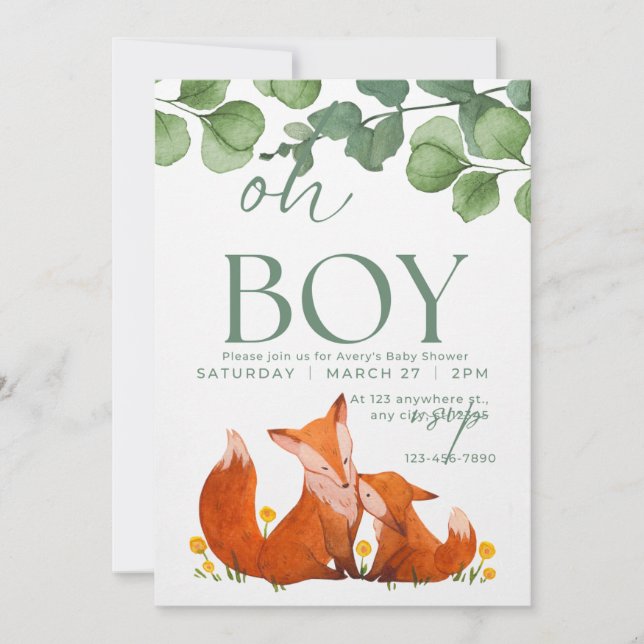 Invitation Oh boy mignon Safar baby shower fox floral (Devant)