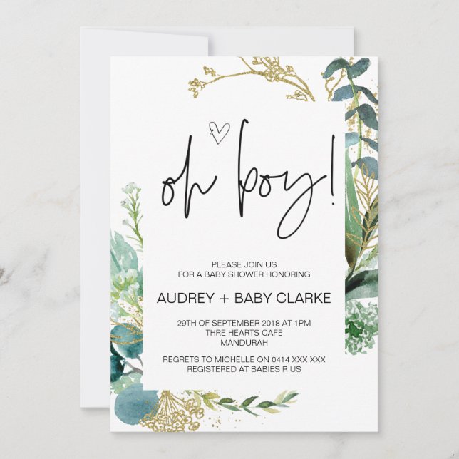 Invitation Oh Boy migny Baby shower Party Green Eucalyptus In (Devant)