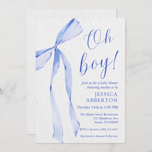 Invitation Oh boy! Modern Blue bow baby shower (Devant / Derrière)