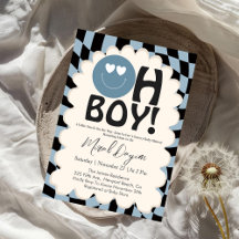 Oh Boy! Modern Groovy Blue Happy Face Baby Shower