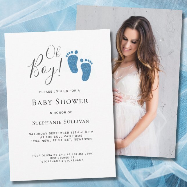 Invitation Oh Boy Modern Photo Baby shower bleu (Créateur téléchargé)