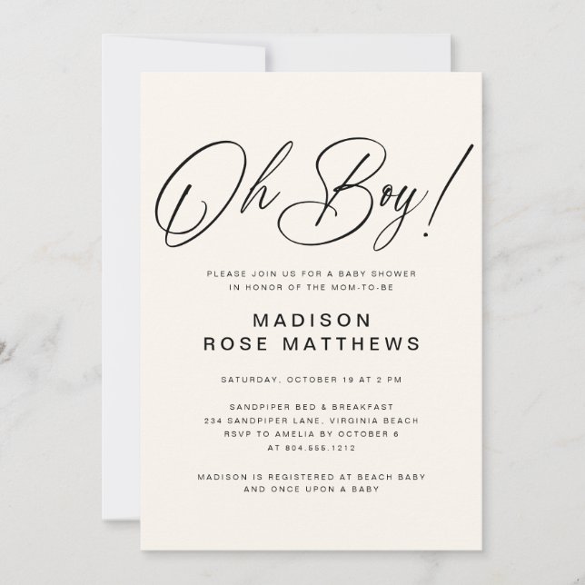 Invitation Oh Boy Modern Script Dusty Blue Baby Shower  Invit (Devant)