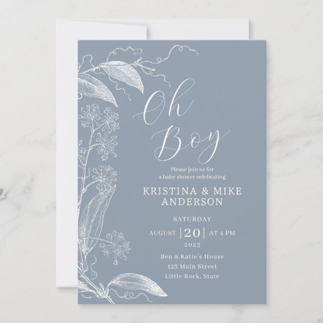 Invitation Oh Boy Modern Simple Dusty Blue Boy Baby shower (Devant)