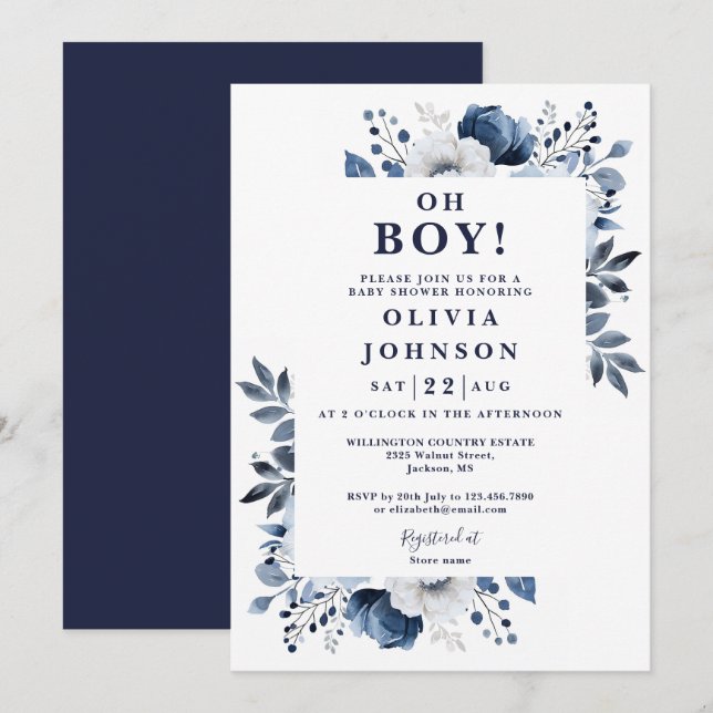 Invitation Oh Boy Navy Bleu Élégant Baby shower Floral (Devant / Derrière)