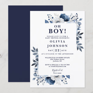 Invitation Oh Boy Navy Bleu Élégant Baby shower Floral