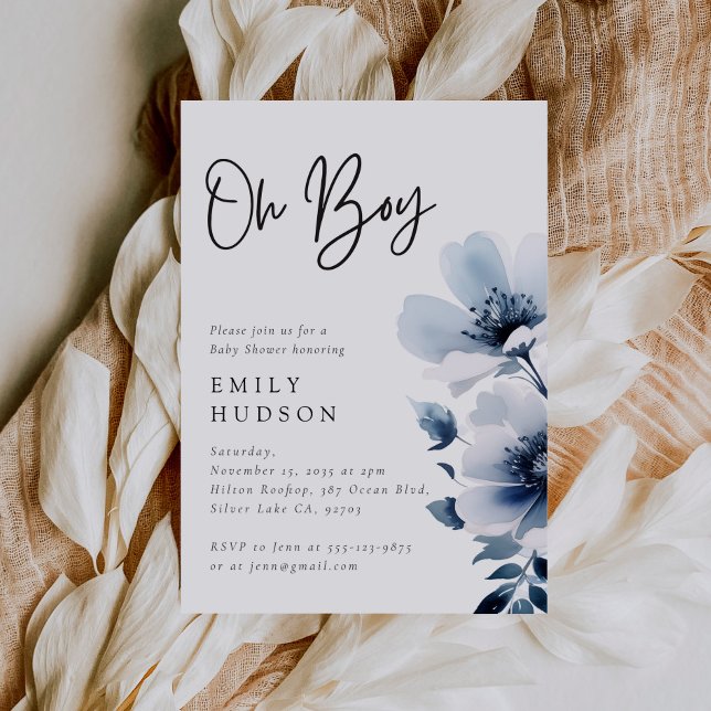 Invitation Oh Boy Navy Blue Floral Baby shower (Créateur téléchargé)